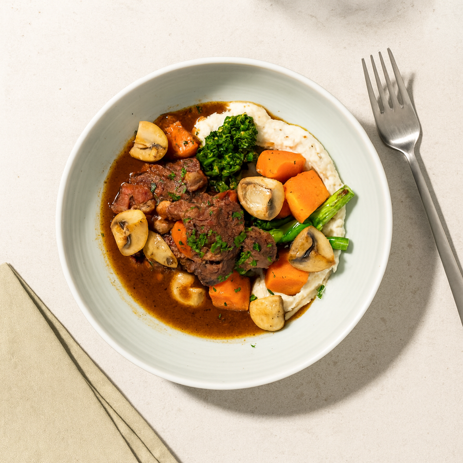 Classic French Beef Bourguignon with Pearl Onions & Roasted Root Vegetables