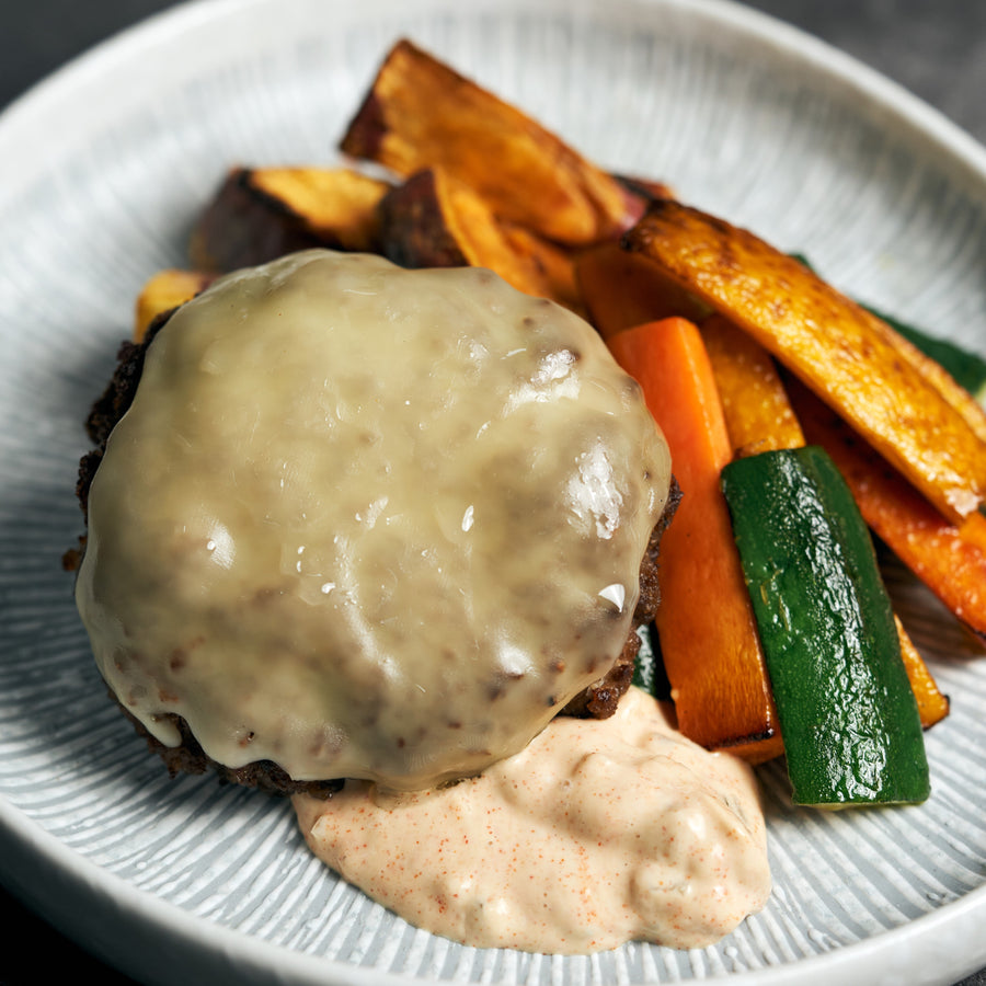 Breadless Cheeseburger with Veggie Fries, Tangy Burger Sauce & Sweet Potato Wedges