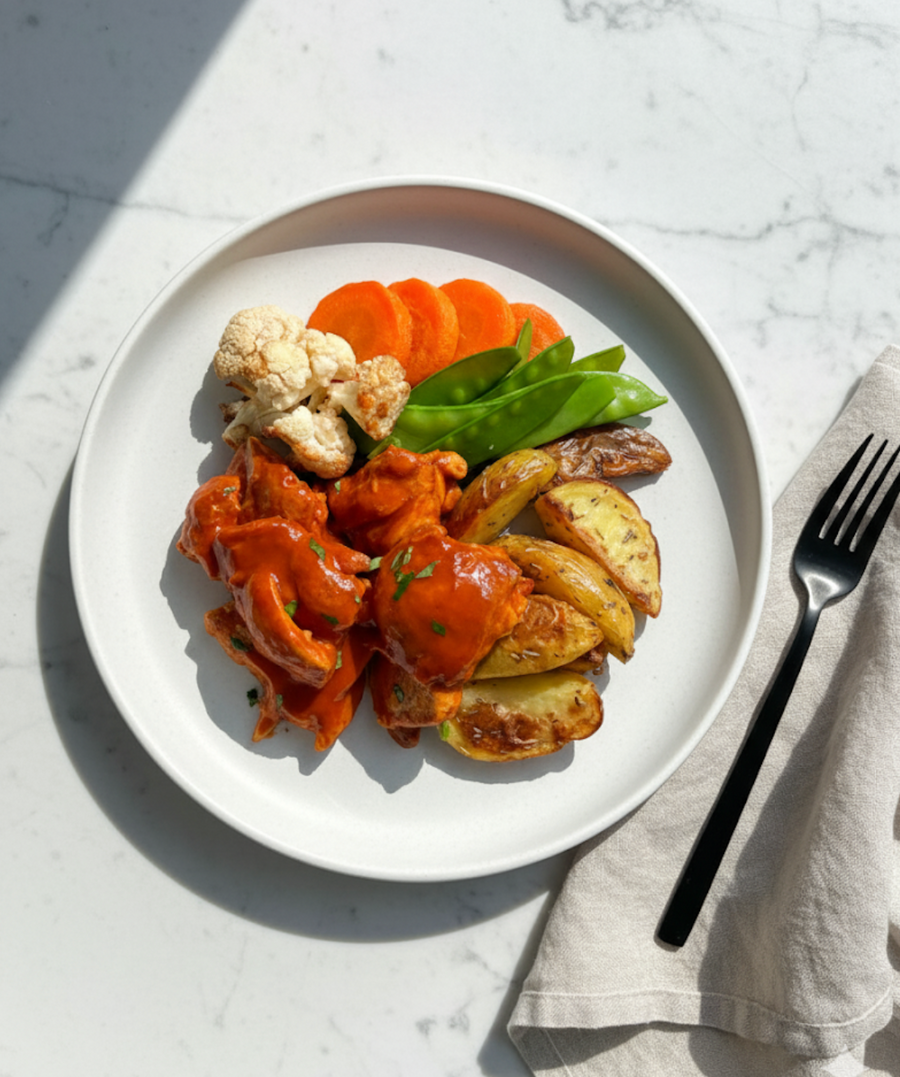 Buffalo Chicken with Roasted Cauliflower, Carrots, Snow Peas, Blue Cheese Buttermilk Dressing & Roasted Rosemary Potatoes