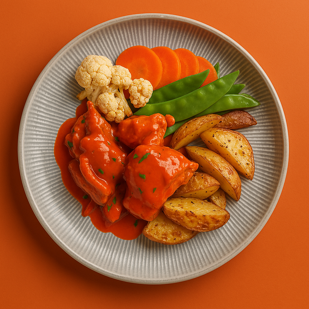 Buffalo Plant-Based Chicken with Roasted Cauliflower, Carrots, Snow Peas, Blue Cheese Buttermilk Dressing & Roasted Rosemary Potatoes