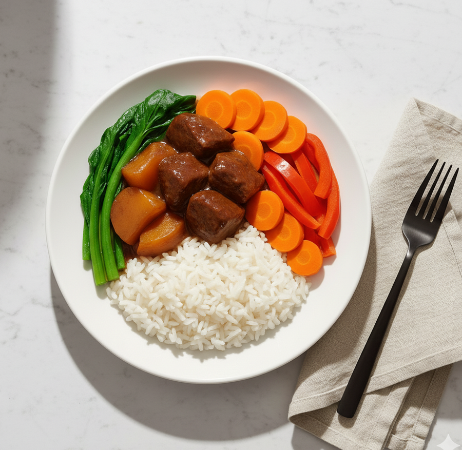 Cantonese Style Braised Beef and Radish with Kai Lan, Carrots, Red Peppers & Cauliflower Rice