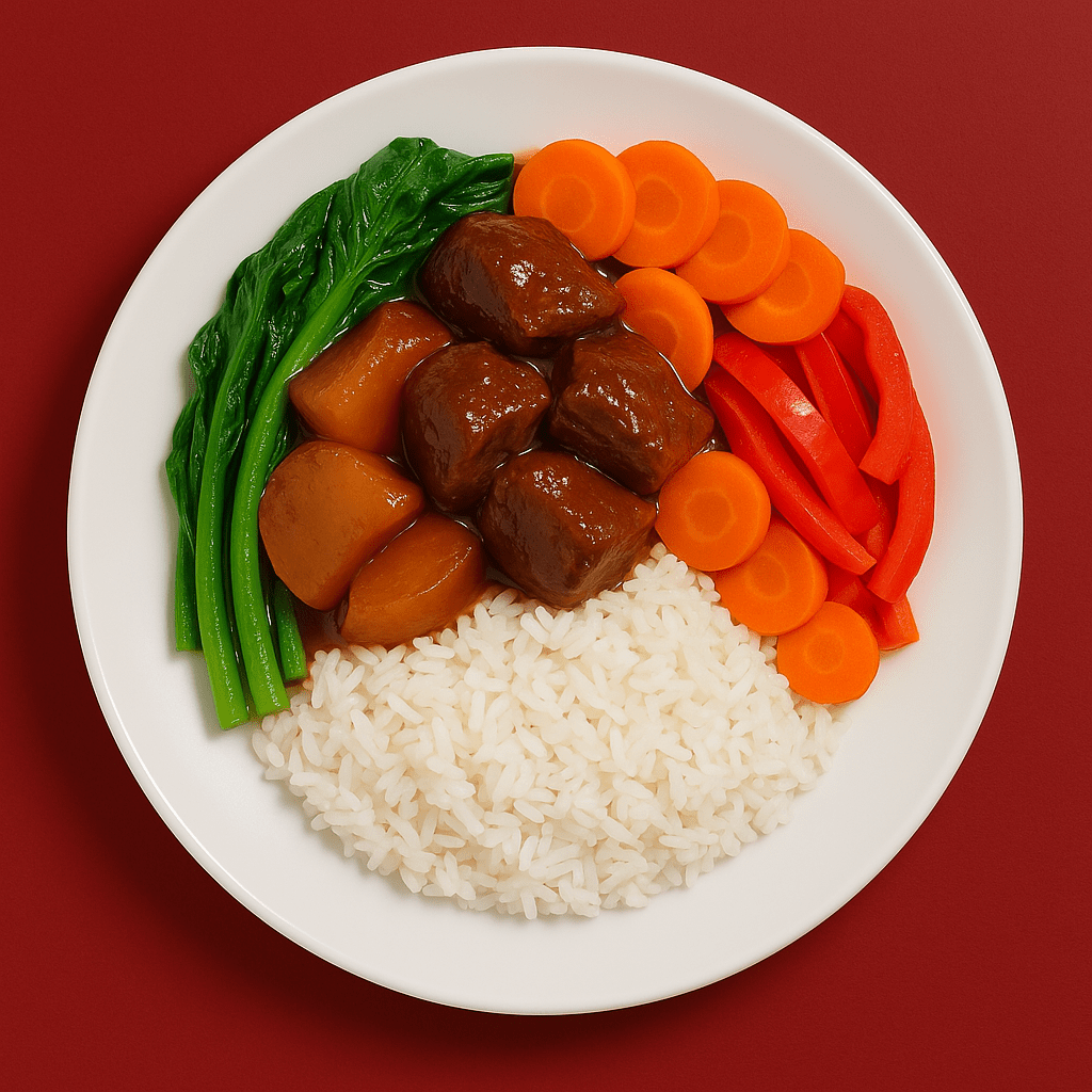 Cantonese Style Braised Beef and Radish with Kai Lan, Carrots, Red Peppers & Jasmine Rice