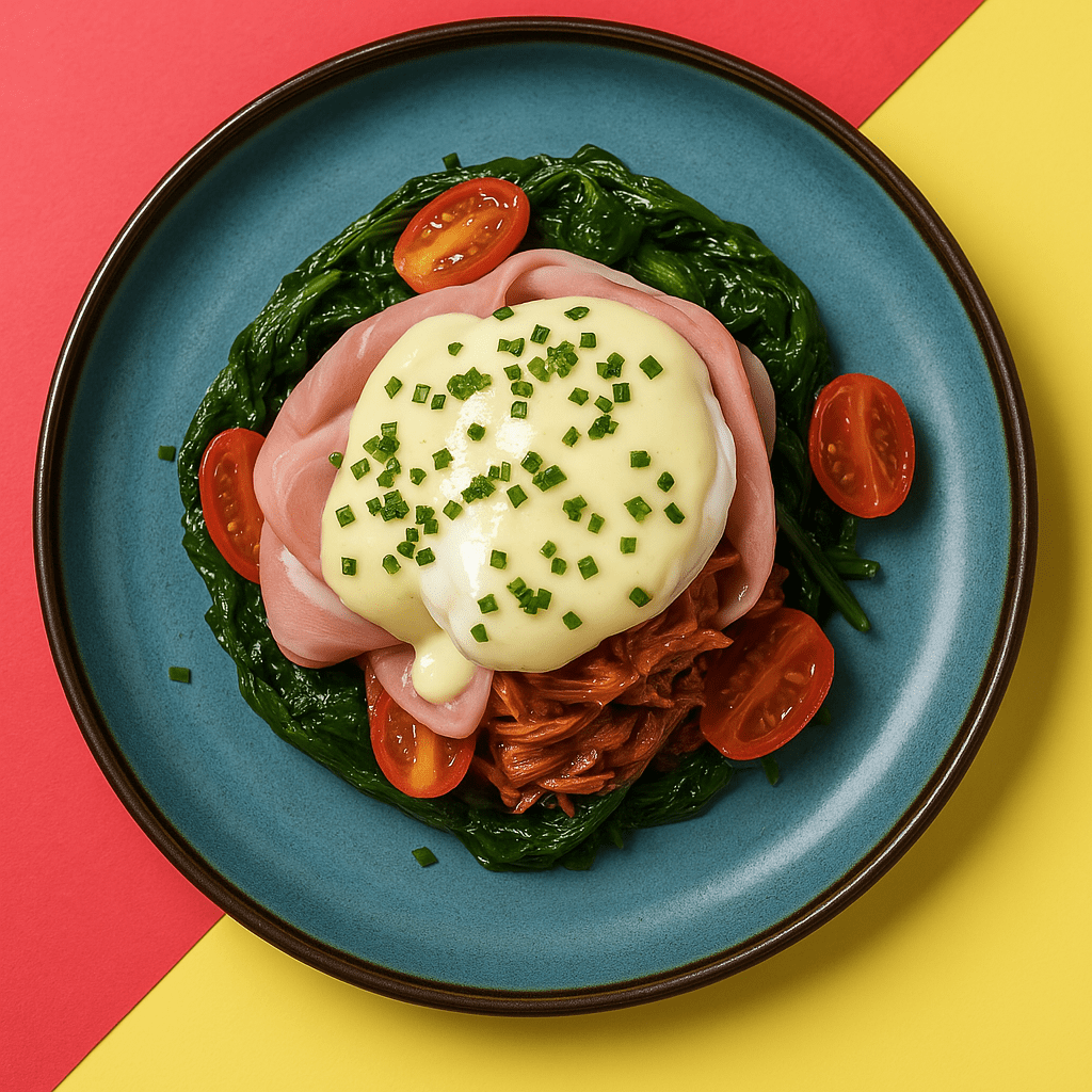 Poached Eggs Florentine with Sauteed Spinach, Lean Ham & Mornay Sauce