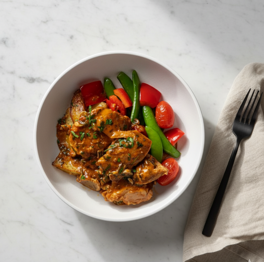 Chicken Chasseur Stew with Roasted Mushrooms, Red Peppers, Snow Peas & Cauliflower and Pumpkin Mash