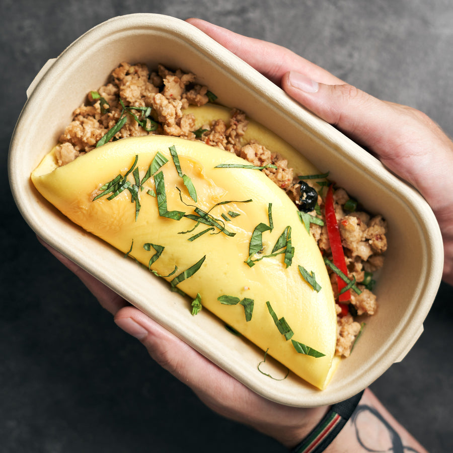 High Protein Chicken Kra Pao Omelette with Roasted Red Peppers & Thai Basil