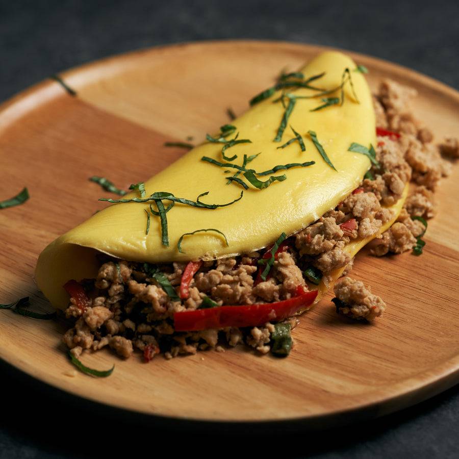 Chicken Kra Pao Omelette with Roasted Red Peppers & Thai Basil