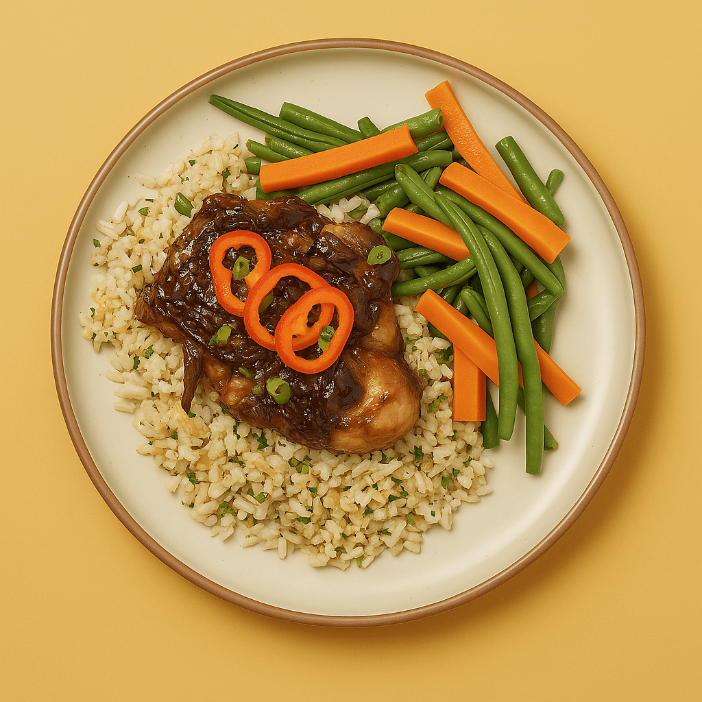 Chicken Adobo with Steamed Green Beans & Garlic Fried Rice