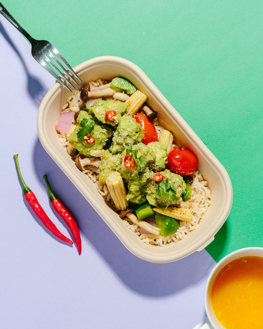 Green Coconut Chicken Curry with Green Beans, Baby Corn & Mushrooms and Brown Rice