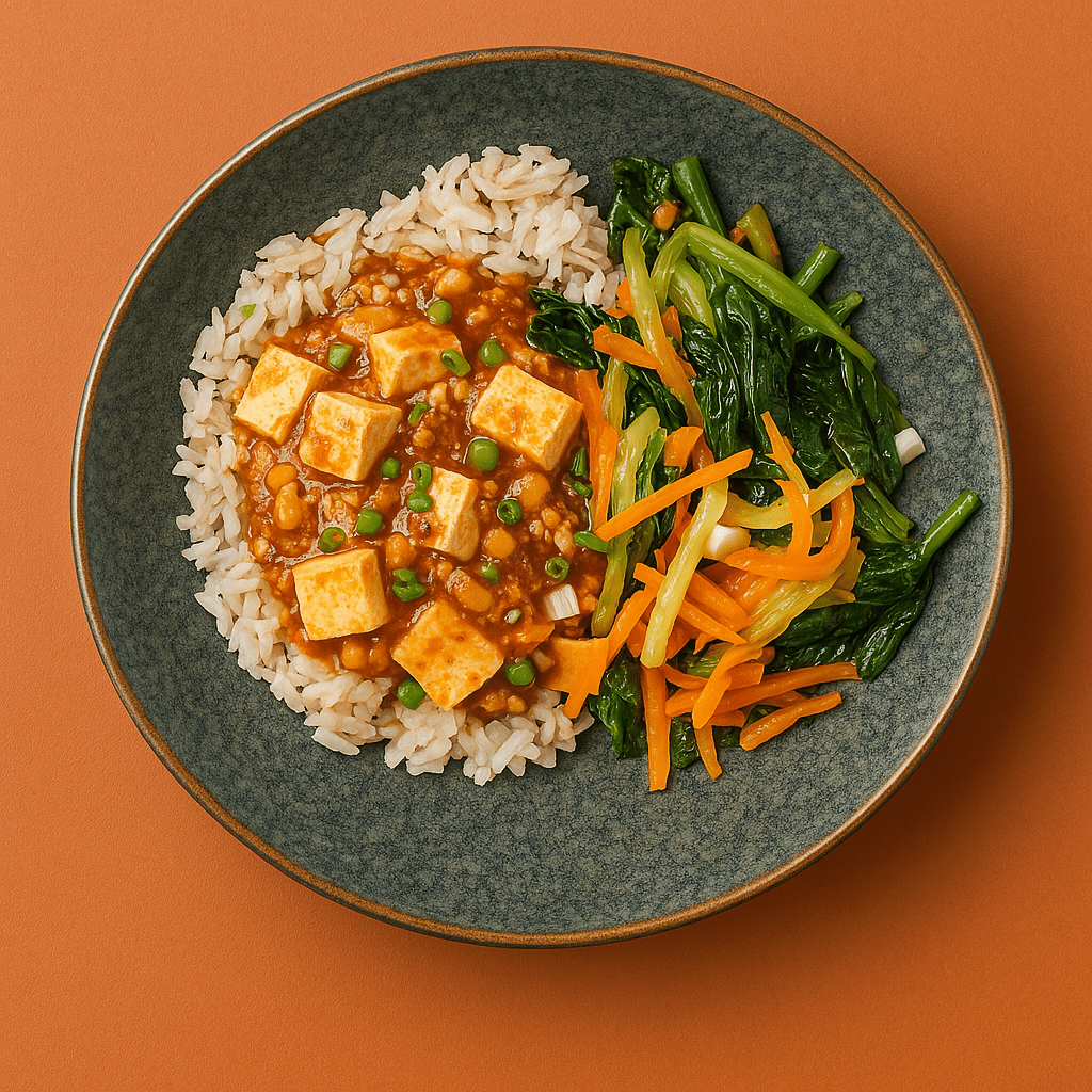 Chicken Ma-Po Tofu with Sauteed Cabbage, Bok Choy, Carrots, Green Beans & Steamed Brown Rice