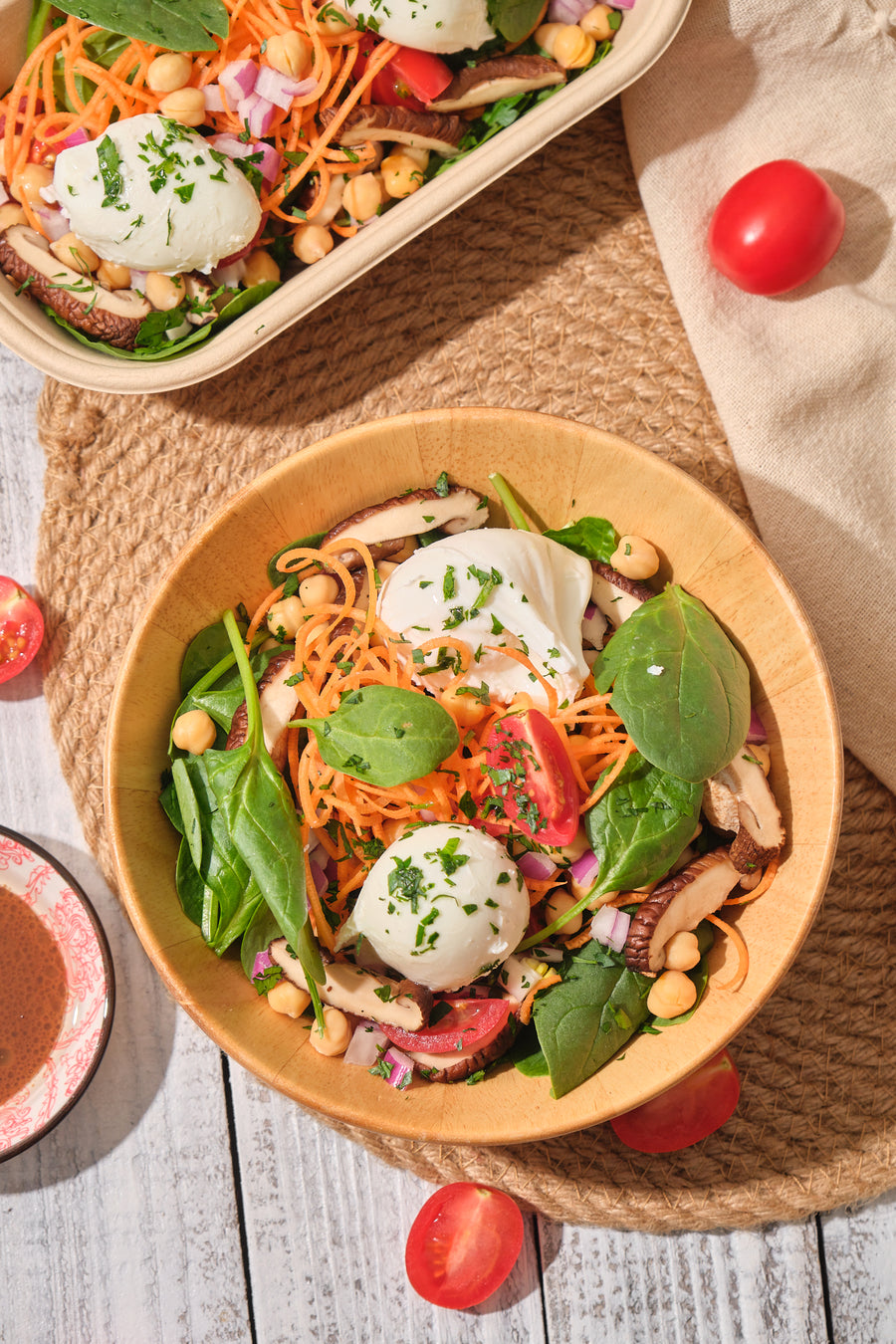 Chickpea & Spinach Salad with Shiitake Mushrooms, Poached Egg & Soy Truffle Vinaigrette