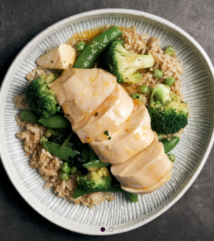 Citrus Glazed Sous Vide Chicken Breast with Steamed Green Vegetables & Brown  Rice