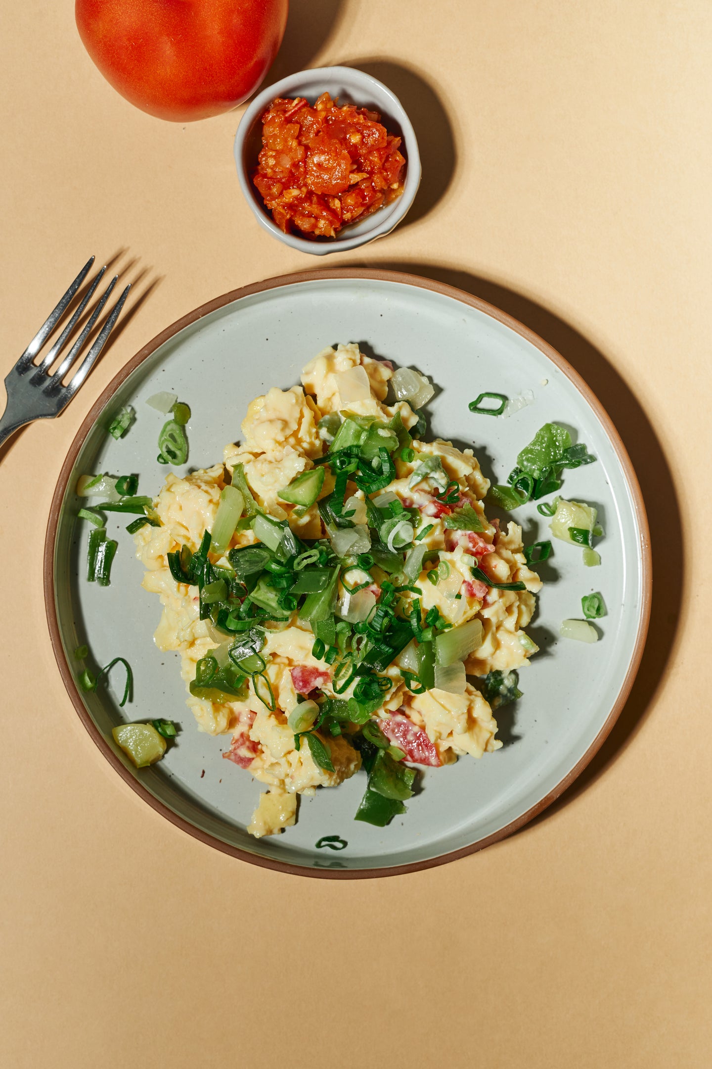 Farmer's Market Scrambled Eggs with Roasted Spring Vegetables, Cheddar Cheese & Tomato Chutney