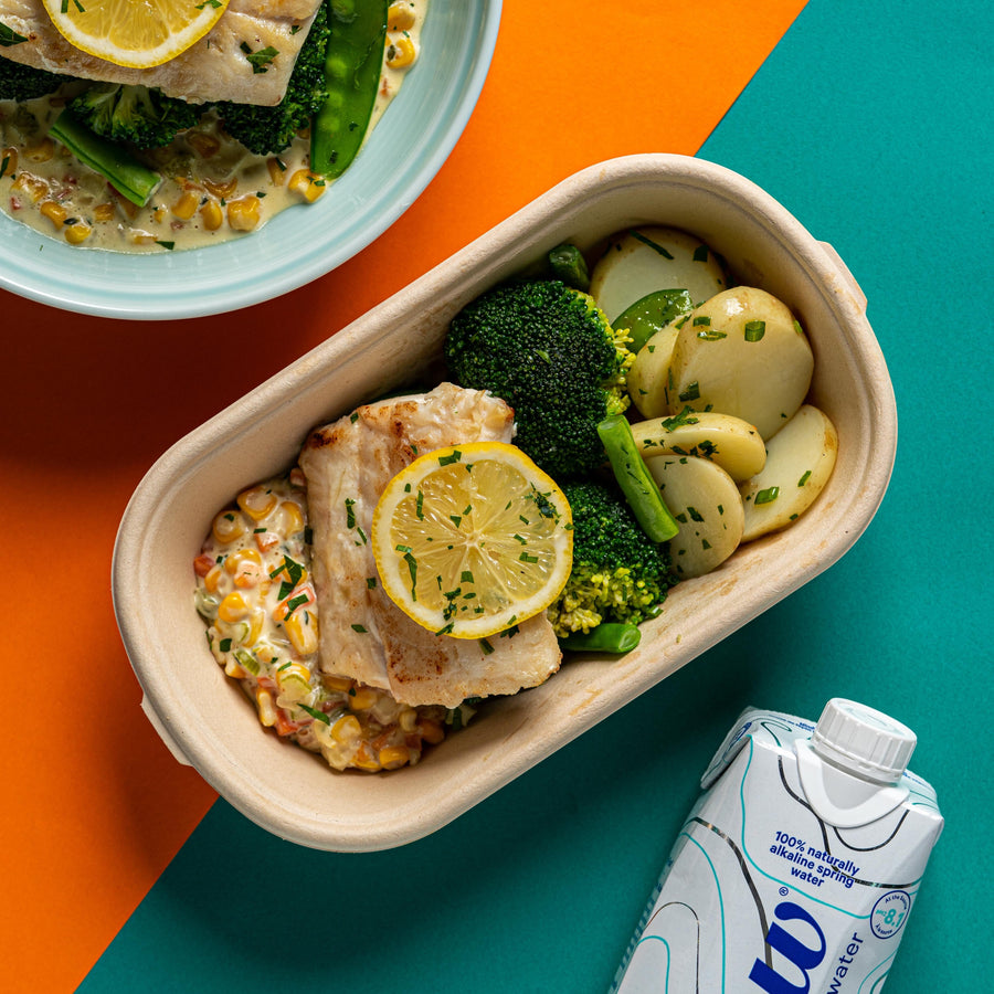 Steamed Halibut with Clam Chowder Sauce, Steamed Green Vegetables