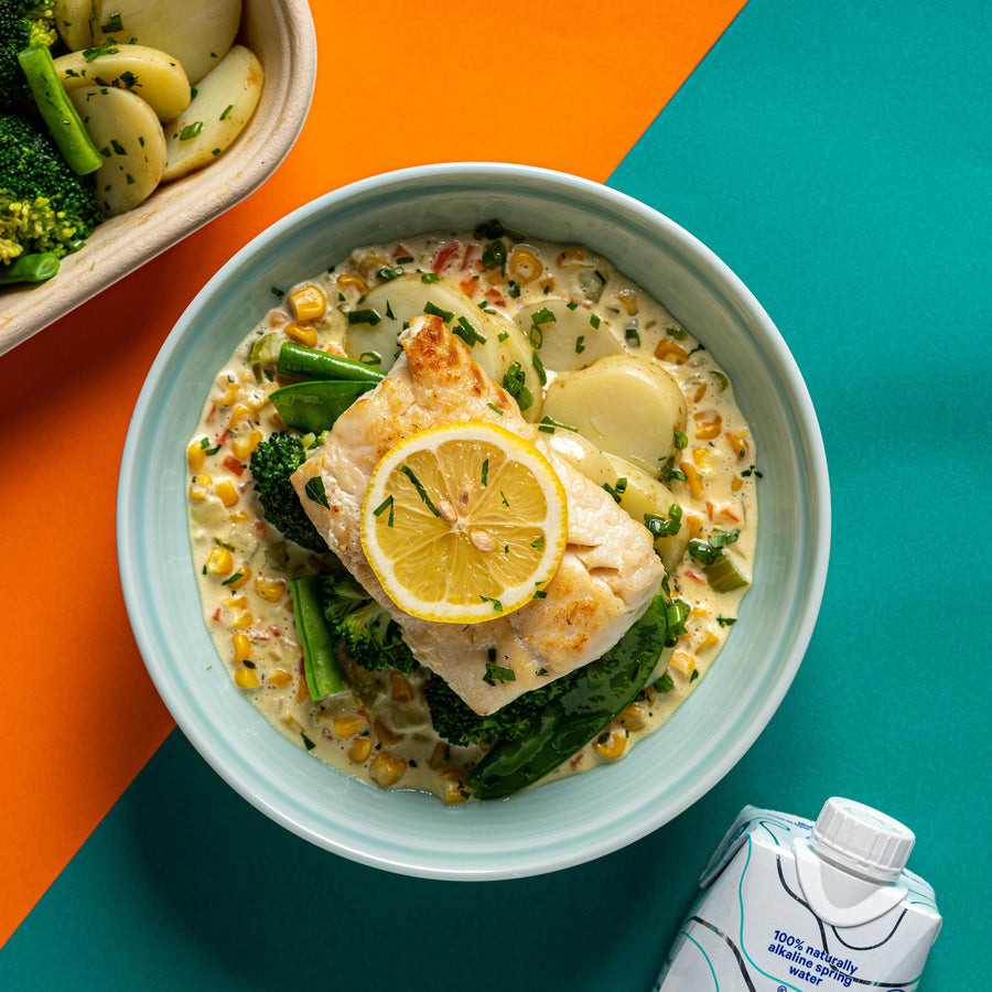 Steamed Halibut with Clam Chowder Sauce, Steamed Green Vegetables