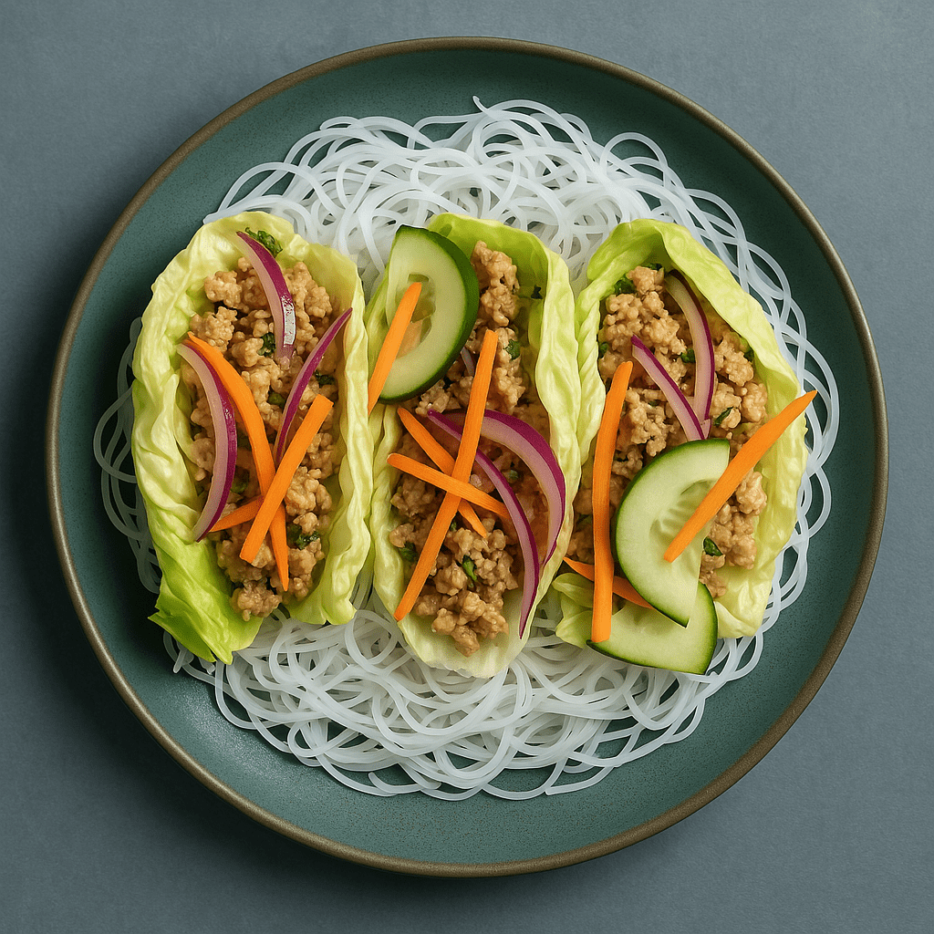 Healthy Chicken Larb Salad with Shredded Carrots, Sliced Cucumber, Larb Dressing & Rice Vermicelli