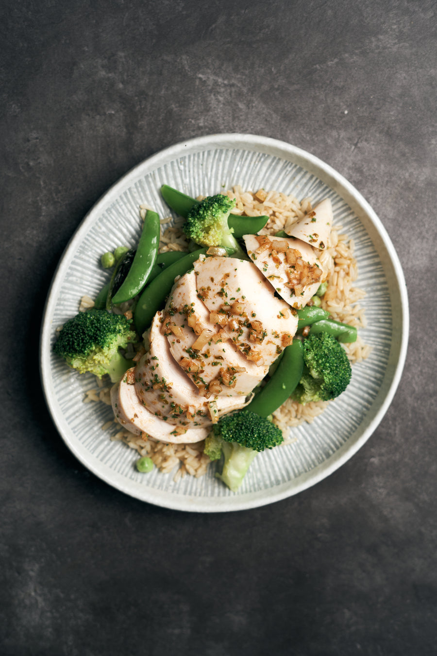 Herb Marinated Sous Vide Chicken Breast with Steamed Green Vegetables & Tzatziki