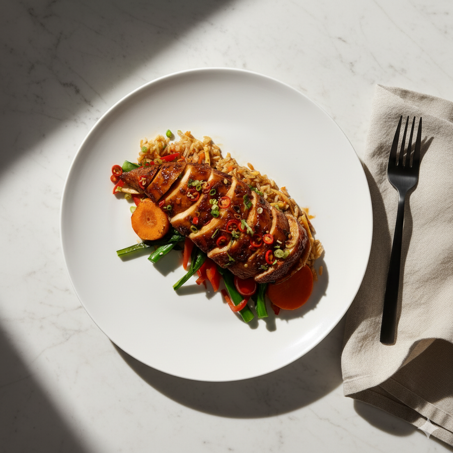 Issan Style Chicken with Choy Sum, Red Peppers, Carrots & Fried Cauliflower Rice
