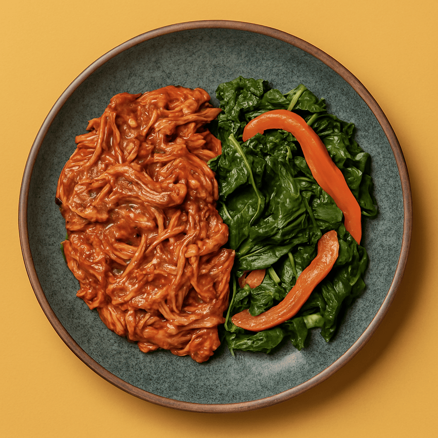 Texas Style Pulled BBQ Lean Chicken with Sauteed Spinach & Peppers