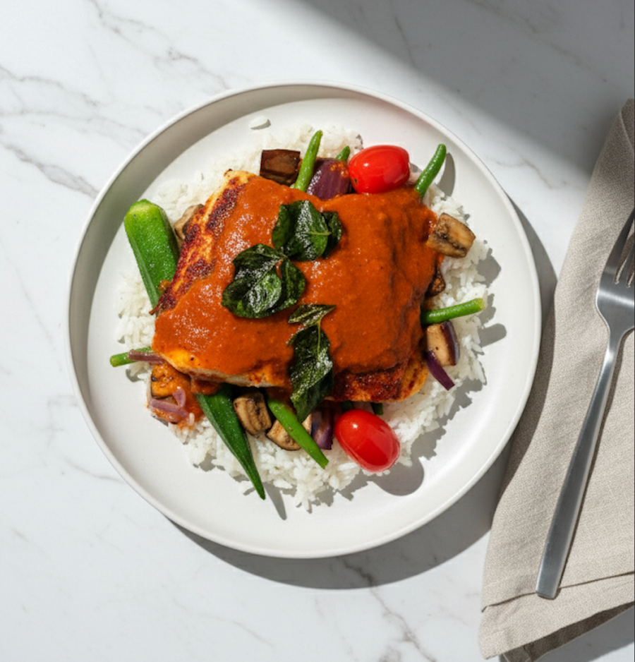 Malaysian Tamarind Pumpkin Curry with Eggplant, Long Beans, Okra & Steamed Jasmine Rice