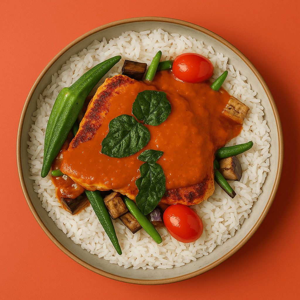 Malaysian Tamarind Fish Curry with Eggplant, Long Beans, Okra & Steamed Jasmine Rice