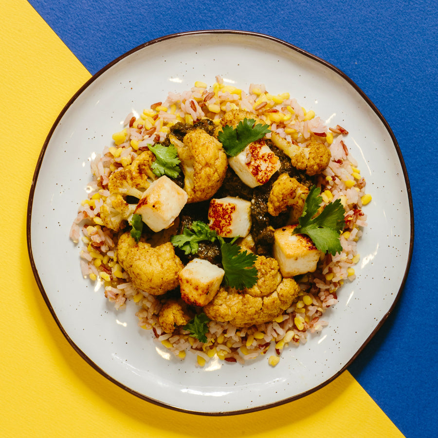 Palak Paneer with Curried Cauliflower, Brown Rice & Lentils