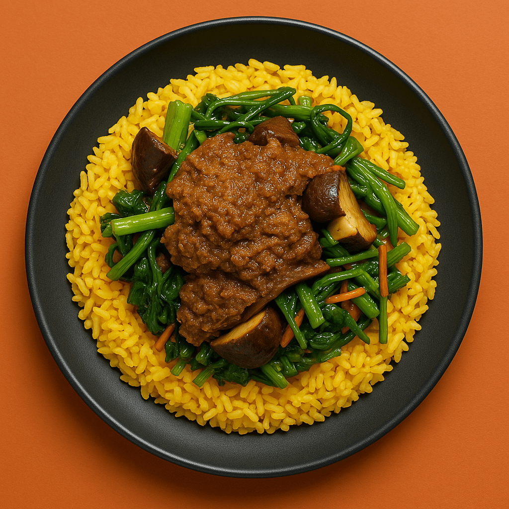 Padang Beef Rendang with Spinach, Shiitake Mushrooms, Shredded Carrots & Turmeric Rice