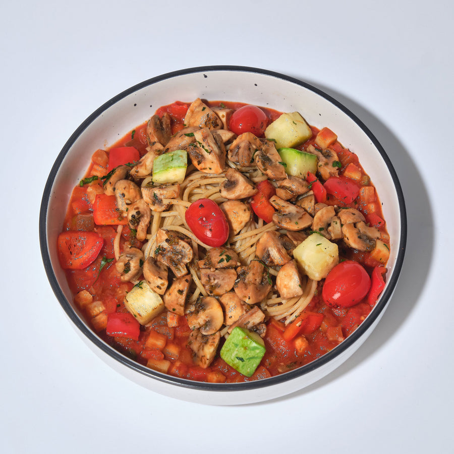 Roasted Italian Button Mushroom Quarters and Eggplant Caponata With Zucchini, Red Peppers, Cherry Tomato & Whole Wheat Spaghetti