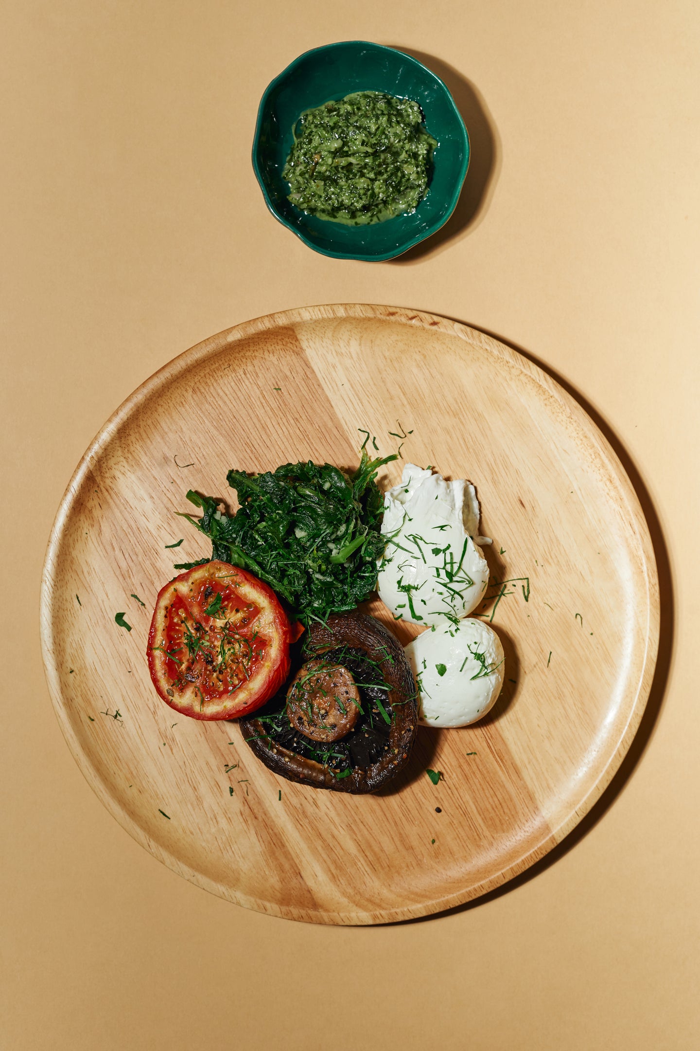 Poached Eggs and Roasted Portobello Mushrooms with Spinach, Roasted Tomato & Chimichurri