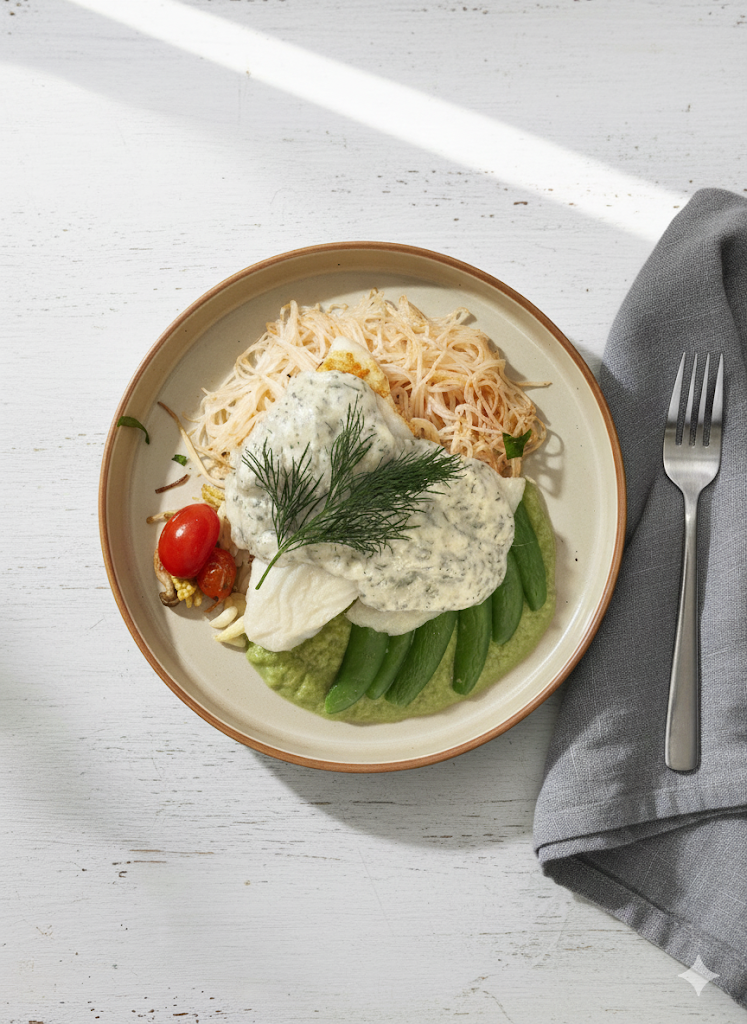 Roasted Fish in Lemon Caper Dill Sauce with Pea Puree