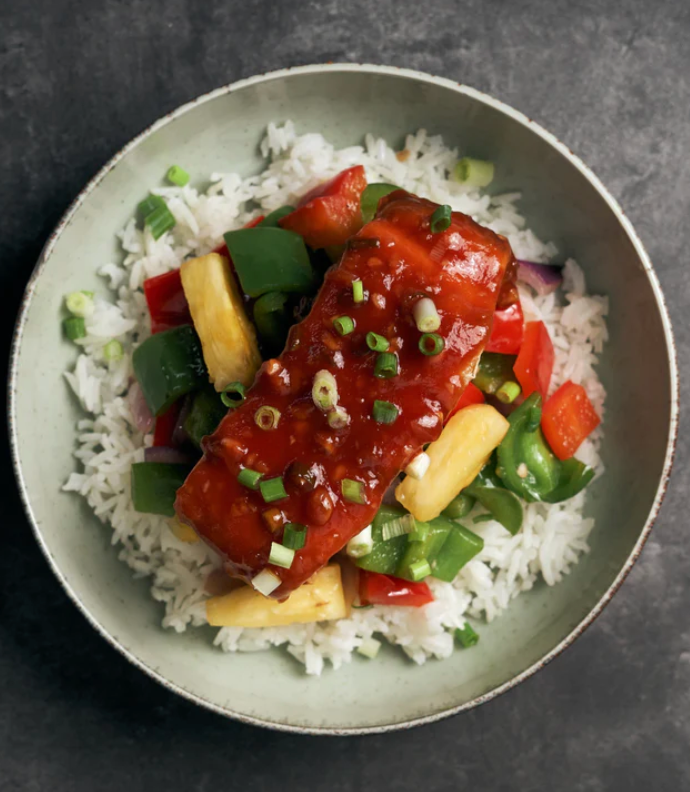 Sweet & Sour Style Plant Based Fish with Peppers, Onions,  Pineapple & Steamed Jasmine Rice