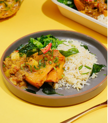 Balinese Plant Based Fish with coconut, pineapple, Chinese mustard greens & Basmati rice with Millet