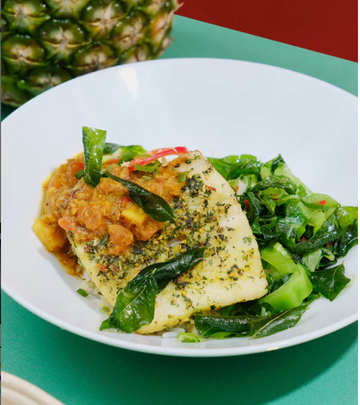 Low Fat Balinese Fish Curry with Coconut, Pineapple, Chinese Mustard Greens & Basmati Rice