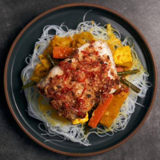 Low Fat Chili Baked Tofu Steak with Sayur Lodeh & Rice Vermicelli Noodles