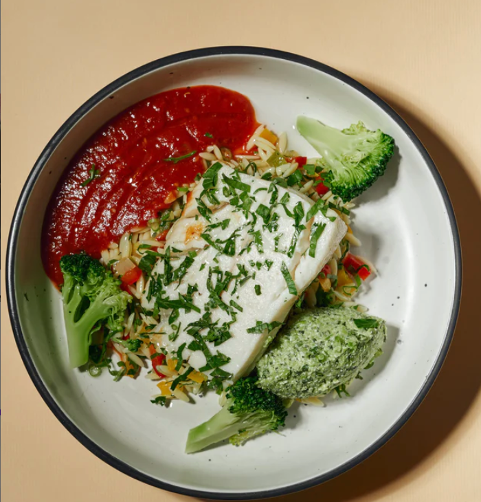 Roasted Halibut with Fresh Pea, Mint Pesto & Steamed Broccoli