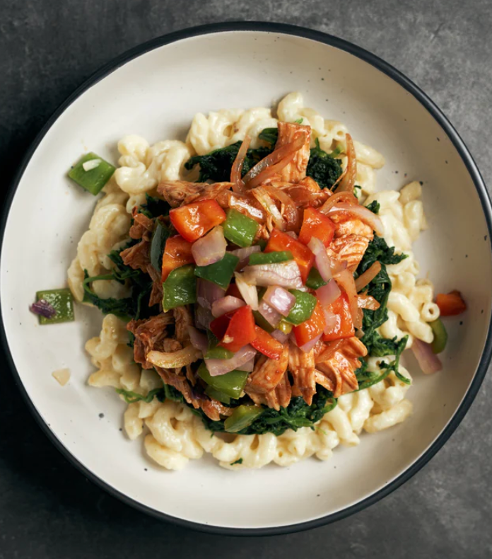 Texas Style Pulled BBQ Mushrooms with Sautéed Spinach, Peppers & Macaroni