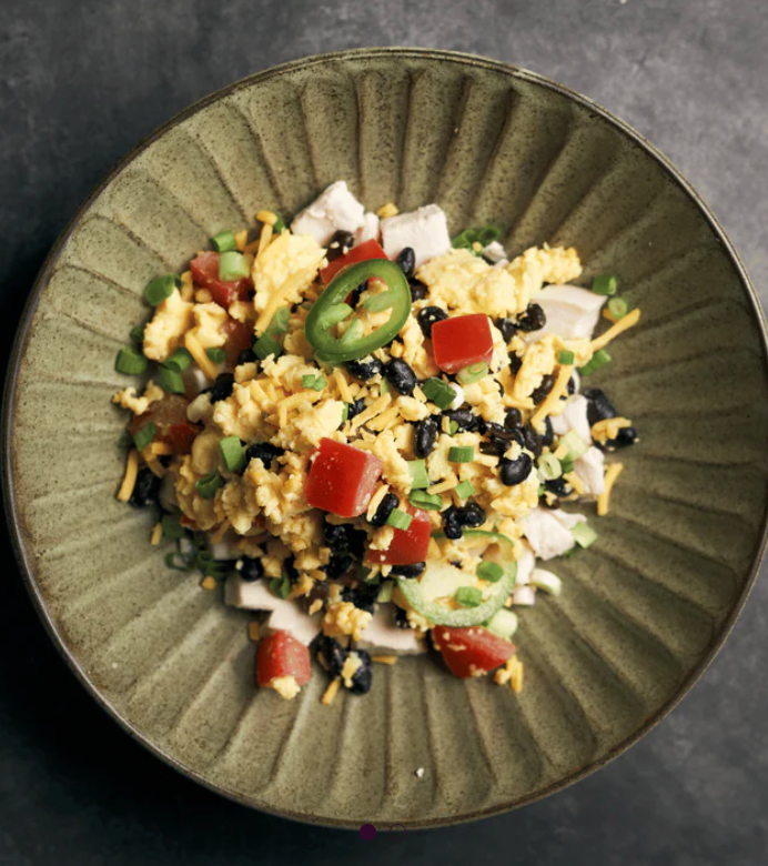 Southwest High Protein Scrambled Eggs with Tomatoes, Black Beans & Plant-Based Chicken