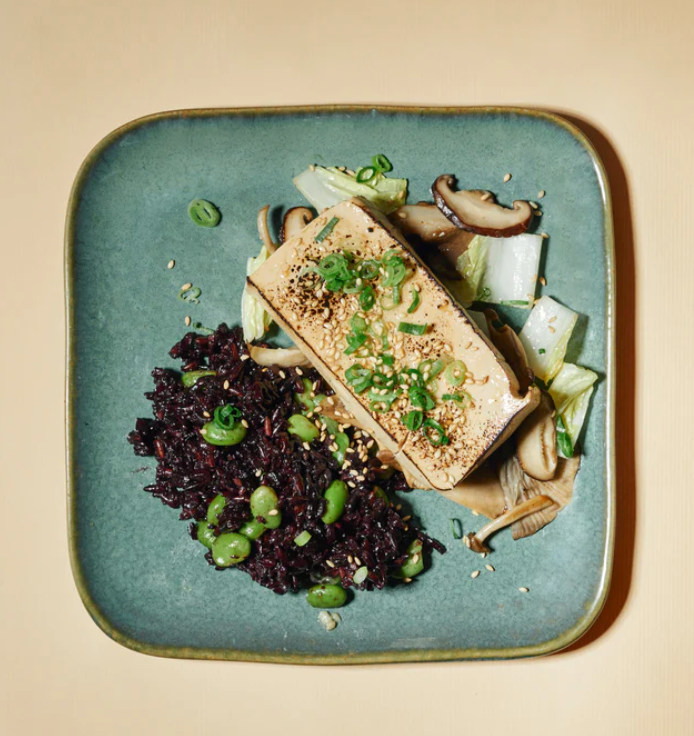 Miso Ginger Marinated Tofu Steak with Nappa Cabbage, Asian Mushrooms & Riceberry Rice with Edamame