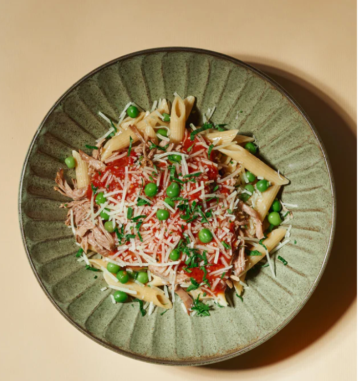 Slow Cooked Pasture Fed Lamb with Peas, Chilli, Tomato Ragu, Parmesan Cheese & Wholewheat Penne