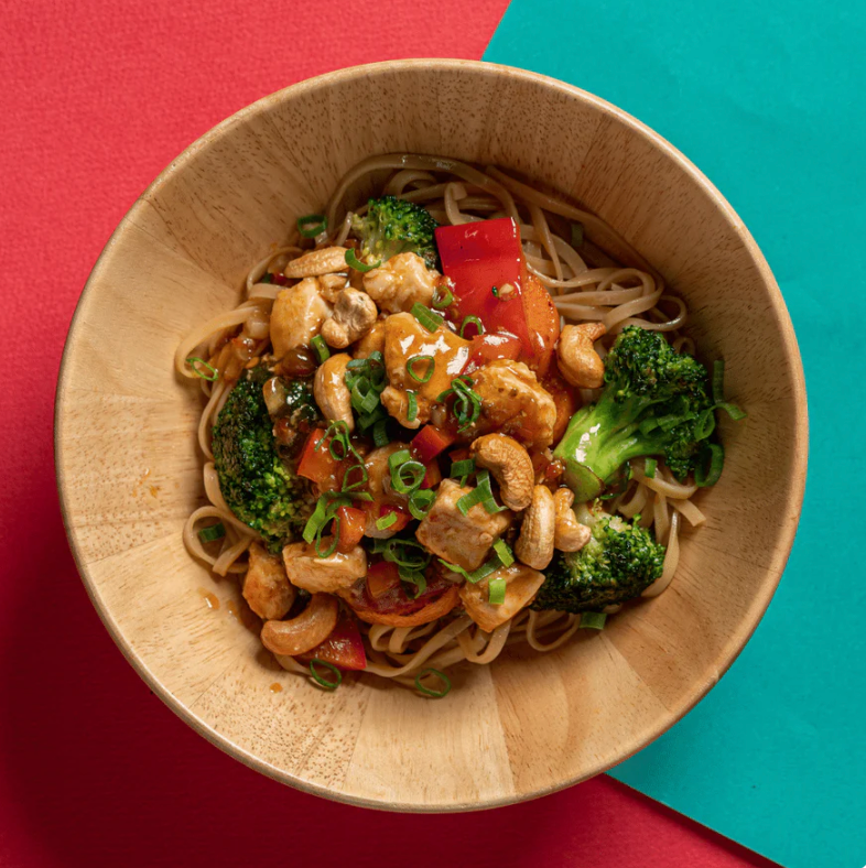 Kung Pao Plant-Based Chicken with Cashews, Mixed Vegetable Stir Fry & Egg Noodle
