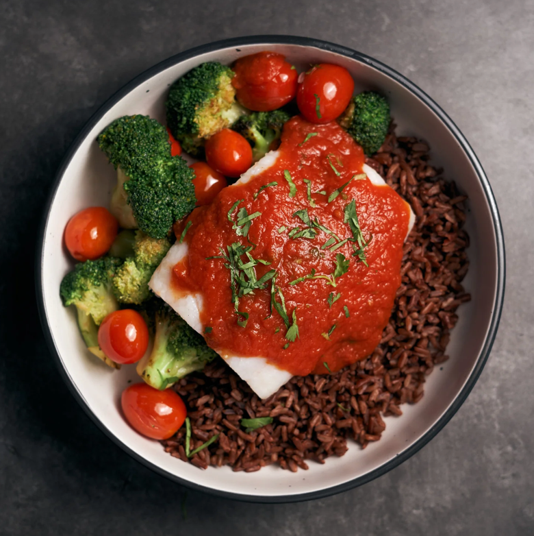 Tamarind & Pineapple Plant Based Fish Fillet with Roasted Broccoli, Tomatoes, Asam Sambal and Brown Rice