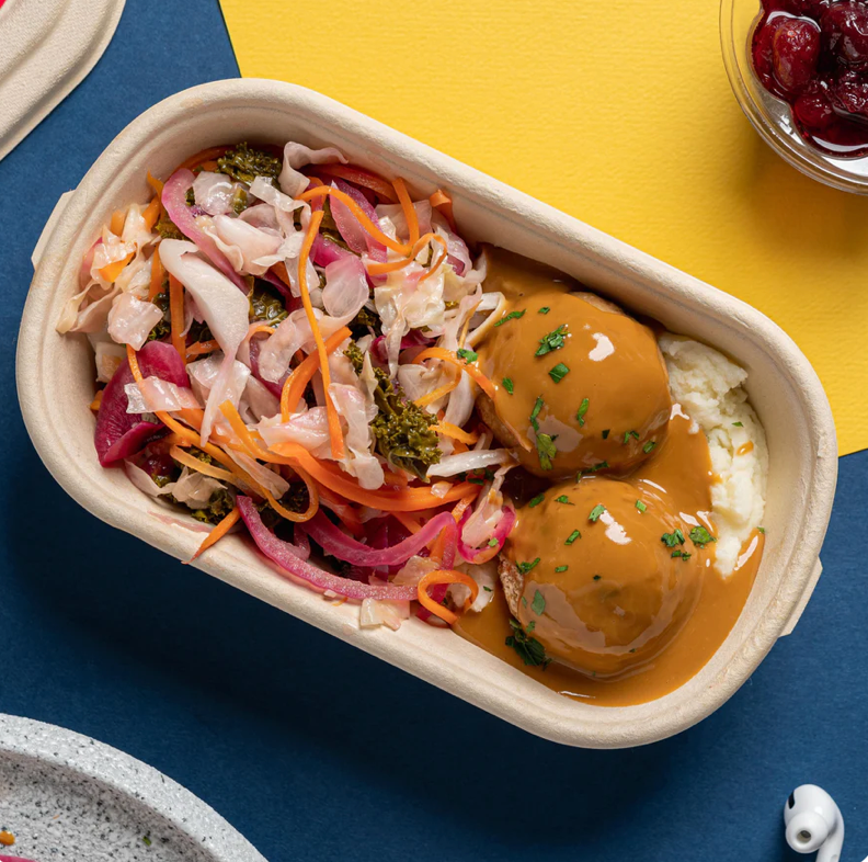 Swedish plant based Pork Meatballs with Braised Cabbge, Baby Kai Lan & Lingonberry Compote and Mashed Potatoes