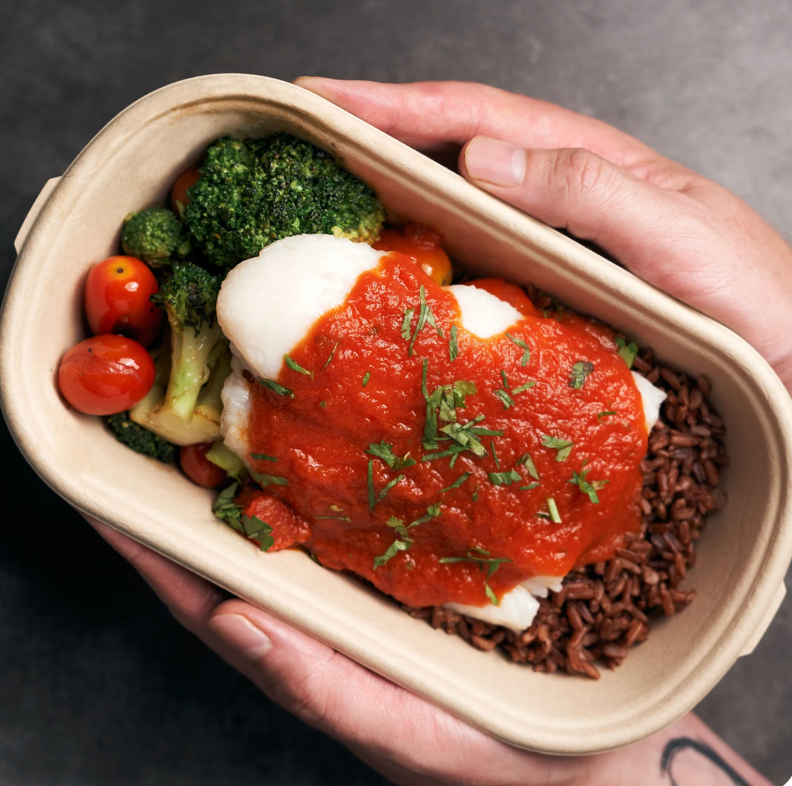 Tamarind & Pineapple Plant Based Fish Fillet with Roasted Broccoli, Tomatoes, Asam Sambal and Brown Rice