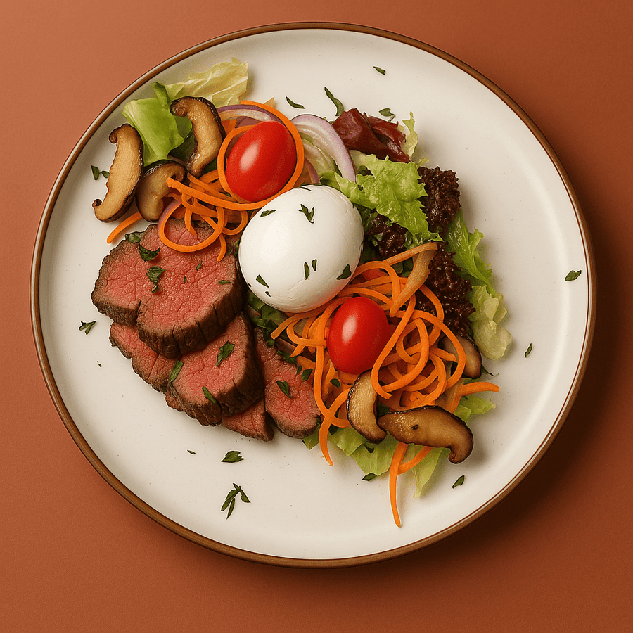 Steak and Mesclun Salad with Shiitake Mushrooms, Boiled Egg & Soy Truffle Vinaigrette