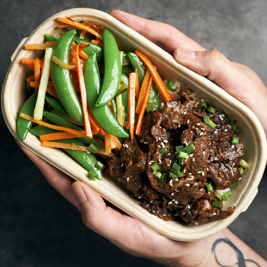 Ginger & Sesame Beef Stir Fry with Sugar Beans, Carrots, Spring Onion and Jasmine Rice