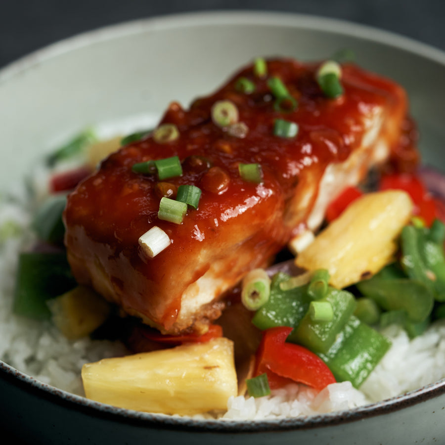 Sweet & Sour Style Barramundi with Peppers, Onions, Pineapple & Jasmine Rice