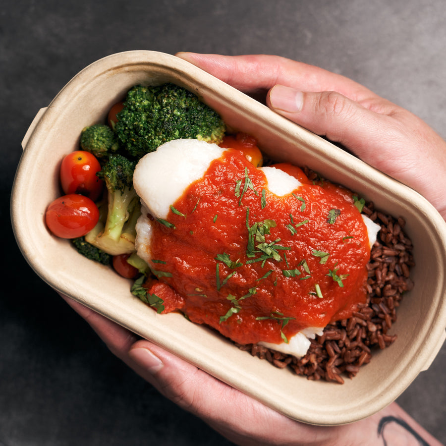 Tamarind & Pineapple Sole Fish with Roasted Broccoli, Tomatoes, Assam Sambal & Brown Rice