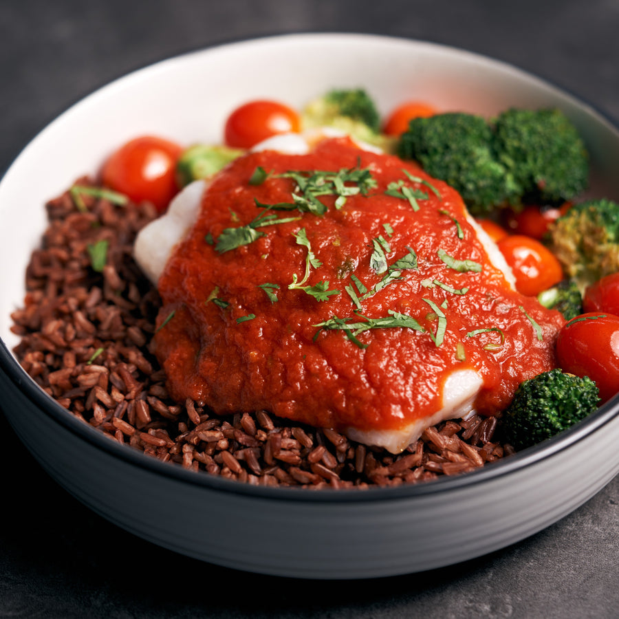 Tamarind & Pineapple Sole Fish with Roasted Broccoli, Tomatoes & Assam Sambal