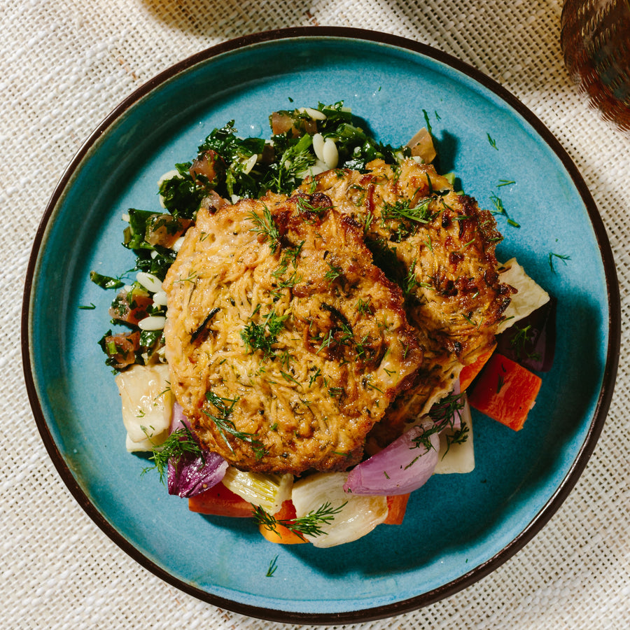 Zucchini & Kohlrabi Fritters with Lentil Tabouleh Salad, Garlic Tzatziki & Lemon