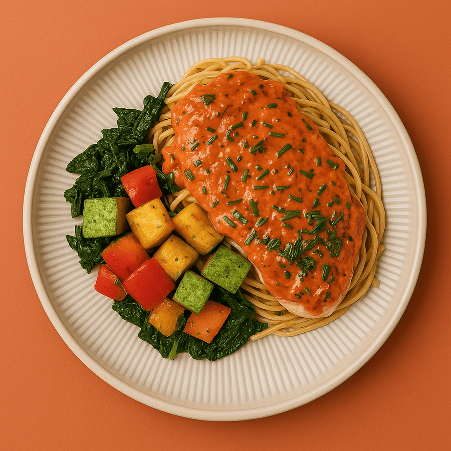 Tuscan Chicken with Sundried Tomatoes, Spinach, Zucchini & Spaghetti