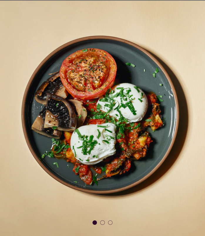 Poached Eggs in Moroccan Style Low Fat Tomato Sauce with Roasted Shiitake Mushrooms, Spinach & Zucchini